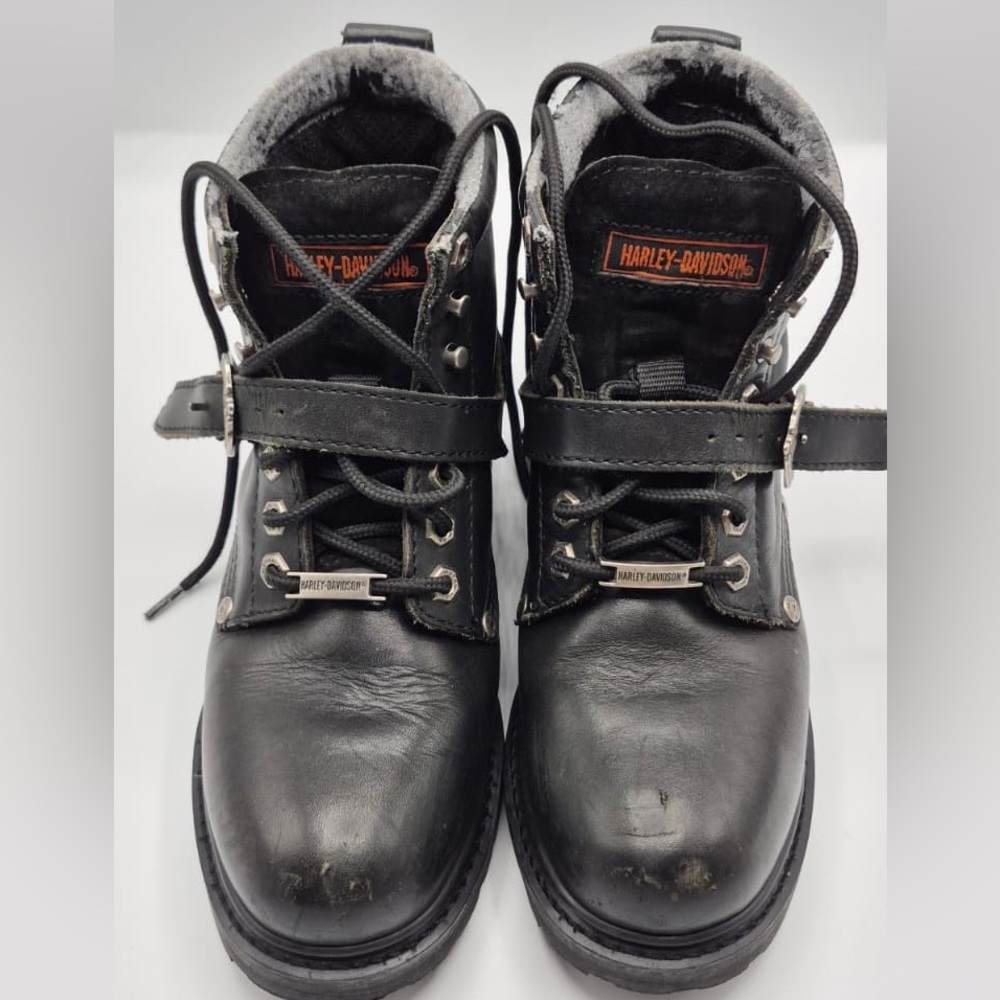 Harley-Davidson Black Leather Lace-Up Strap Boots with Metal Accents